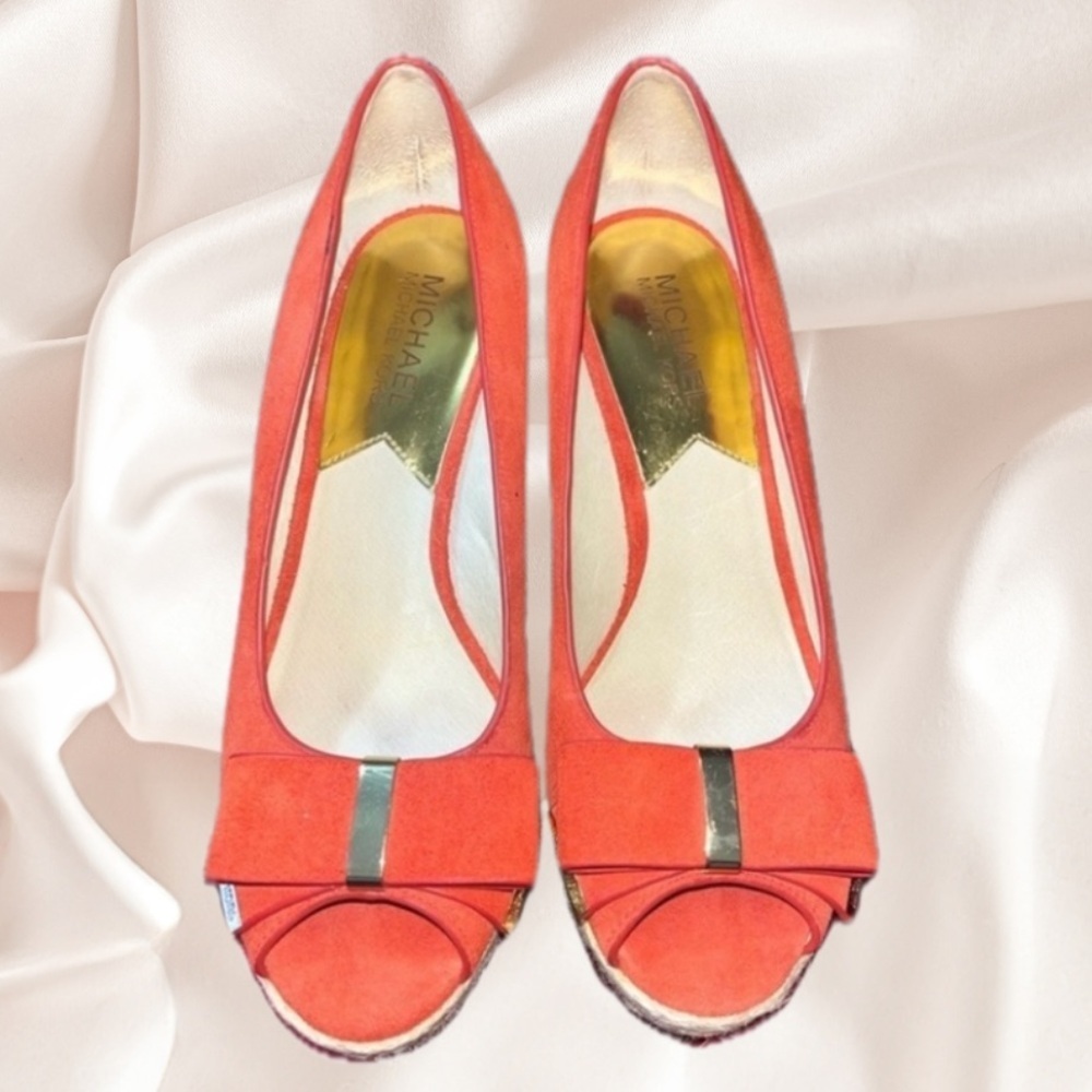 MICHAEL KORS MEG 7M Wedges SUEDE Heels ORANGE Open Toes Peep Platforms Shoes - Picture 4 of 15